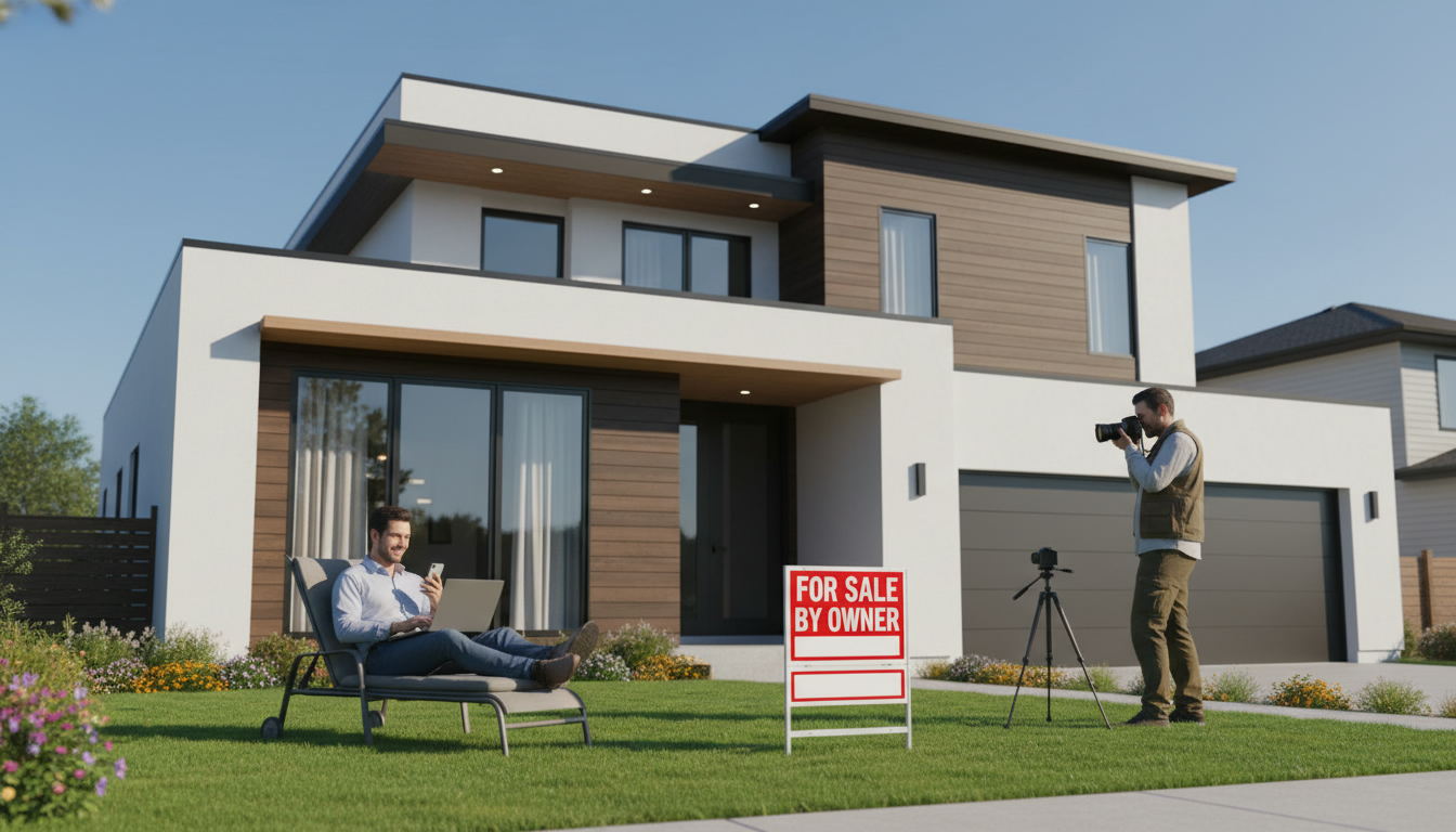 Homeowner listing house privately with 'For Sale By Owner' sign, laptop and photographer