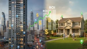 Split image of condo and house with financial charts showing investment comparison