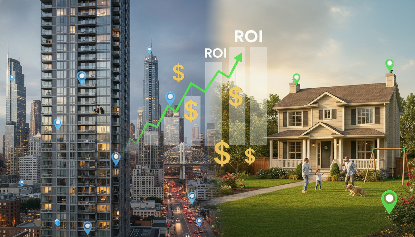 Split image of condo and house with financial charts showing investment comparison