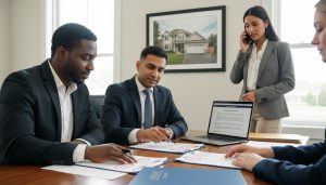 Real estate lawyer reviewing purchase agreement and title search with home buyer and realtor in modern office.