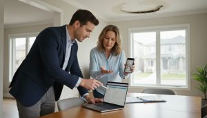 Realtor helping homeowner file insurance claim with photos and laptop after house damage
