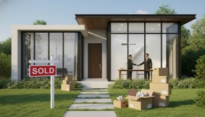 House with sold sign, moving boxes, calendar and handshake representing closing after selling a home