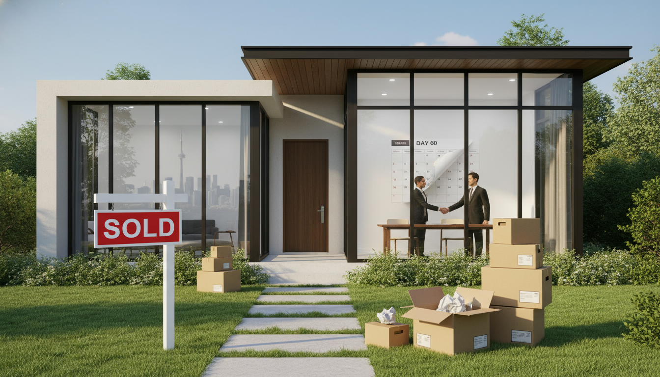 House with sold sign, moving boxes, calendar and handshake representing closing after selling a home