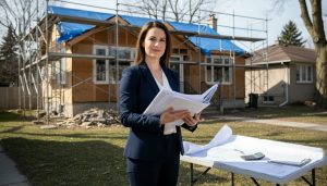 Realtor holding inspection report and contractor estimates in front of a house needing renovations with clipboard and calculator on table.