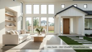 Staged living room with neutral decor and natural light, staged home for sale with curb appeal