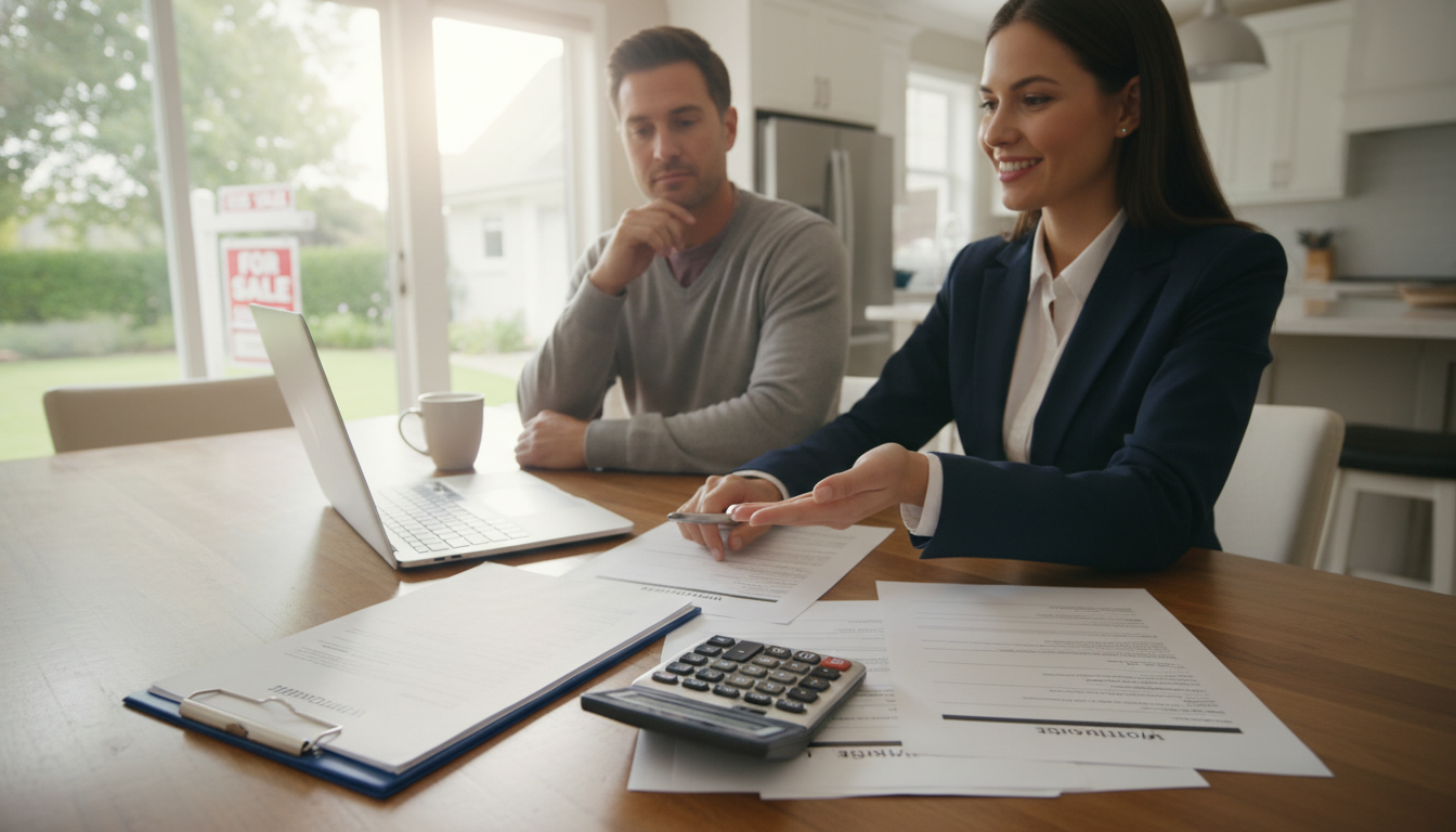 Realtor advising homeowner with mortgage documents and calculator at a kitchen table; house for sale visible outside