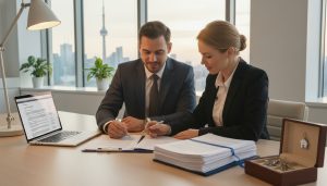 Lawyer and realtor reviewing real estate closing documents at a modern office table with house keys and laptop showing closing disclosure.