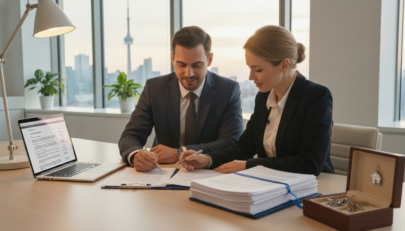 Lawyer and realtor reviewing real estate closing documents at a modern office table with house keys and laptop showing closing disclosure.