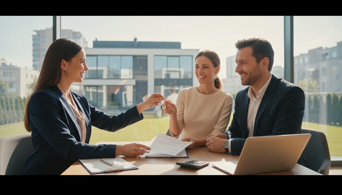 Realtor handing keys to buyers over contract illustrating buyer incentives and negotiation in real estate.