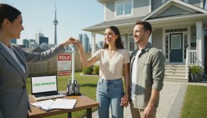 Realtor handing keys to first-time buyers in front of a resale home with mortgage documents on a table