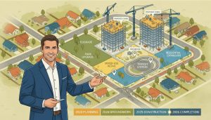 Aerial map of neighborhood with proposed developments, cranes, mid-rise buildings and transit line overlays