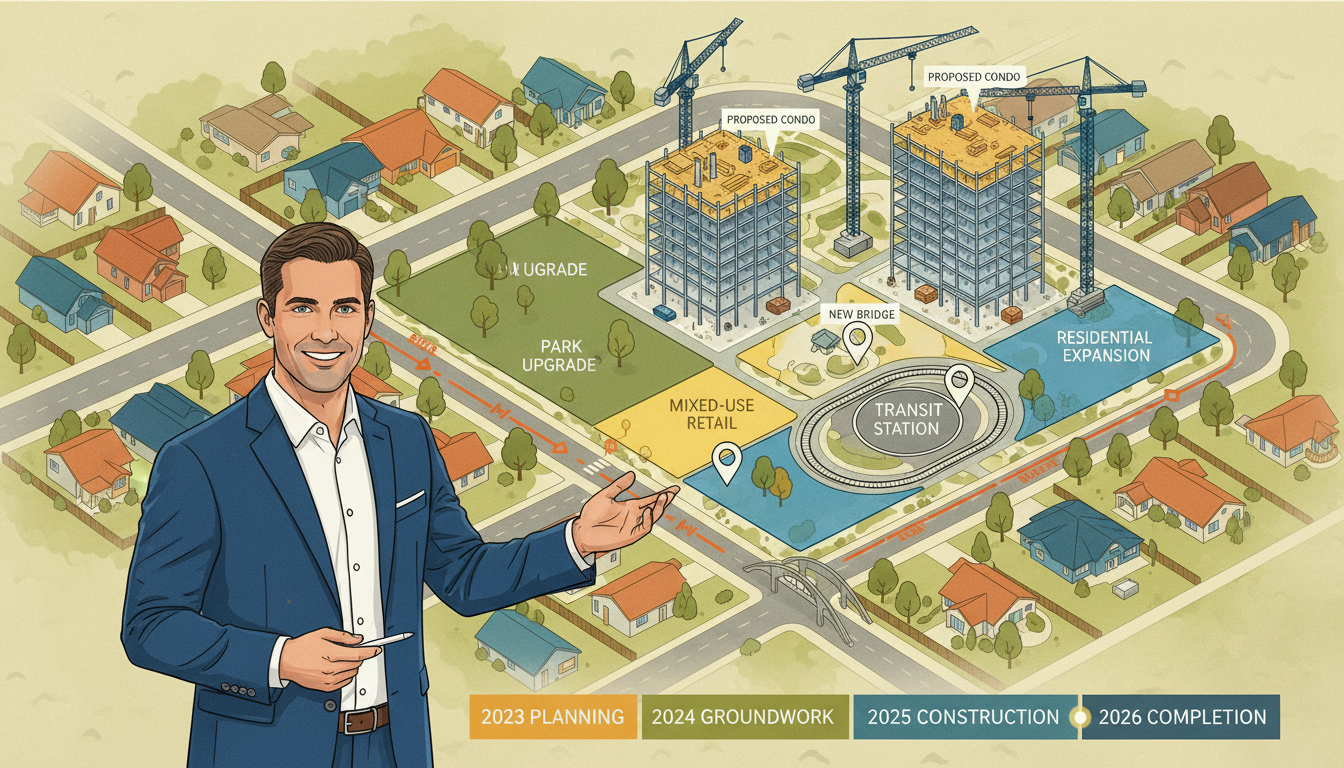 Aerial map of neighborhood with proposed developments, cranes, mid-rise buildings and transit line overlays