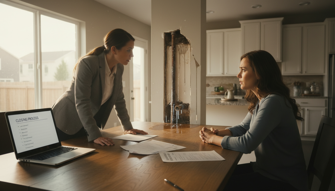 Realtor advising buyers beside a broken pipe and inspection report during the closing process