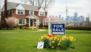 GTA suburban house with for sale sign and Toronto skyline in background during spring.