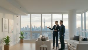 Realtor maintaining positive energy while showing a modern home with smiling clients