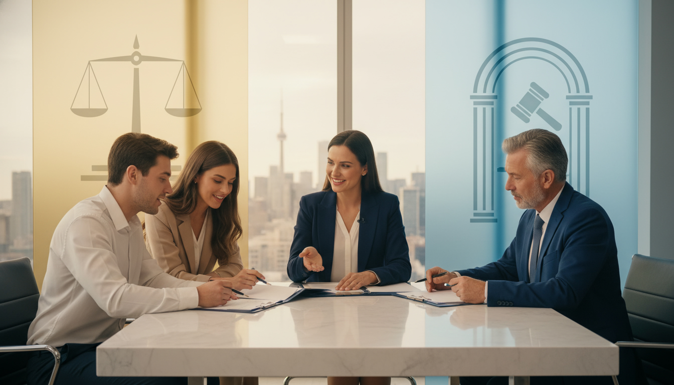 Real estate agent between buyer and seller reviewing contract, symbolizing multiple representation dual agency.