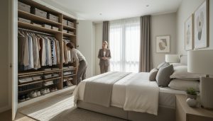 Buyers looking into an open closet during a home showing, agent nearby; staged tidy closet and drawers.