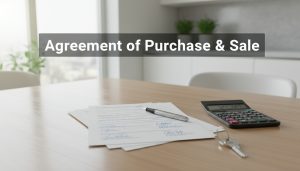 Signed Agreement of Purchase and Sale form on a table with pen and house key