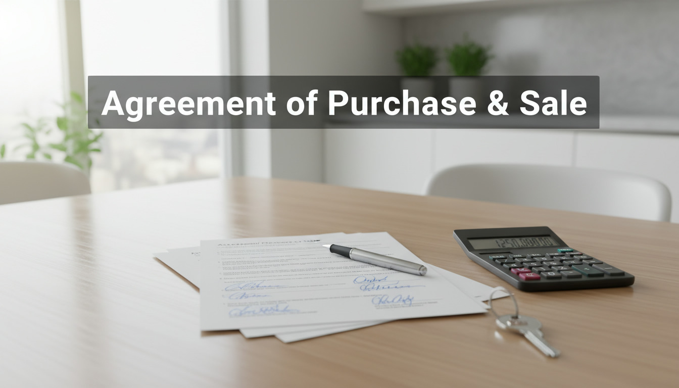 Signed Agreement of Purchase and Sale form on a table with pen and house key