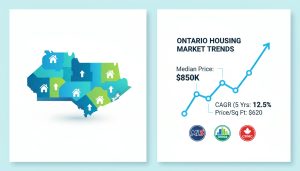Infographic showing Ontario map, rising home price chart, and data labels for median price and CAGR.