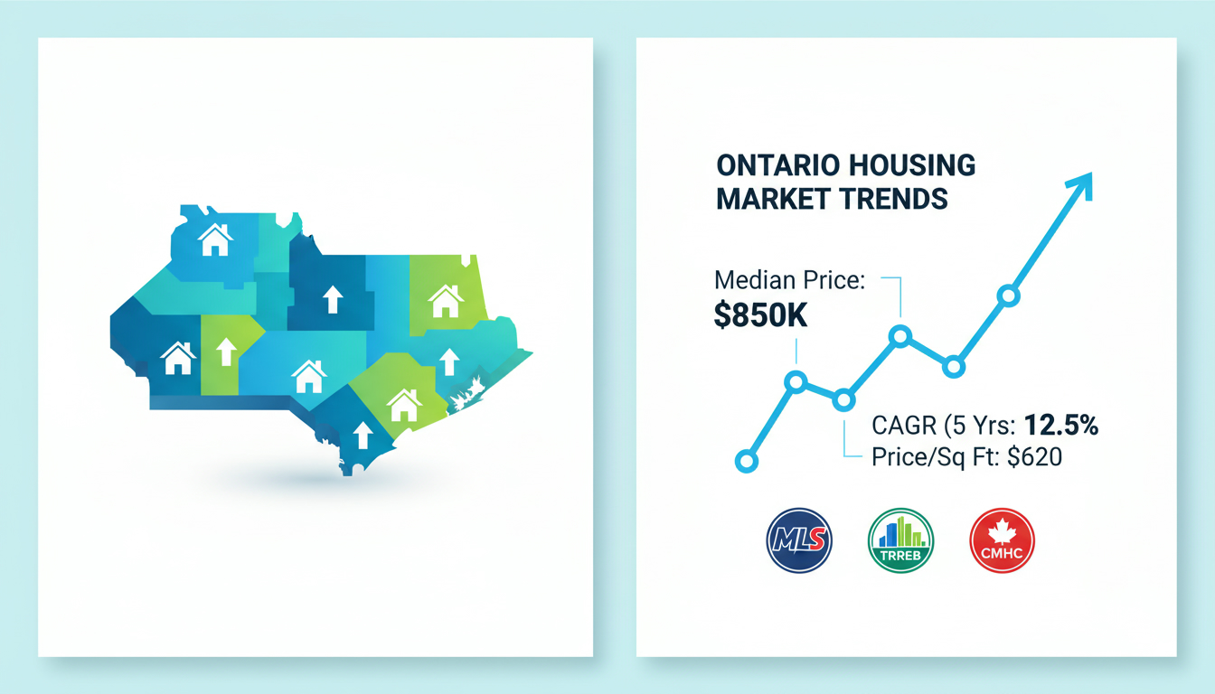 Infographic showing Ontario map, rising home price chart, and data labels for median price and CAGR.