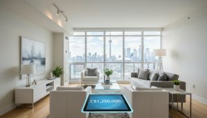 Staged modern condo living room with price tag overlay and city skyline visible through windows
