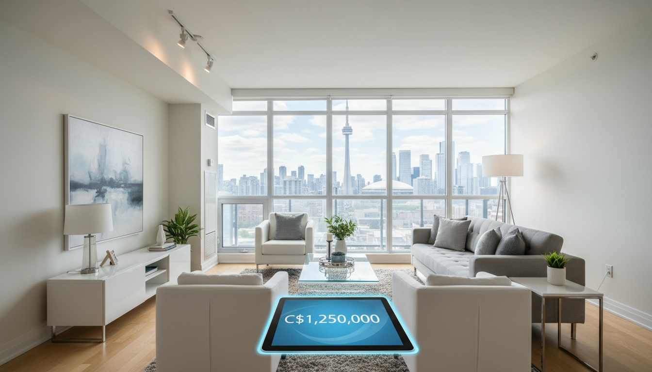 Staged modern condo living room with price tag overlay and city skyline visible through windows