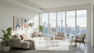 Bright modern staged condo living room with neutral decor and Toronto skyline visible through window