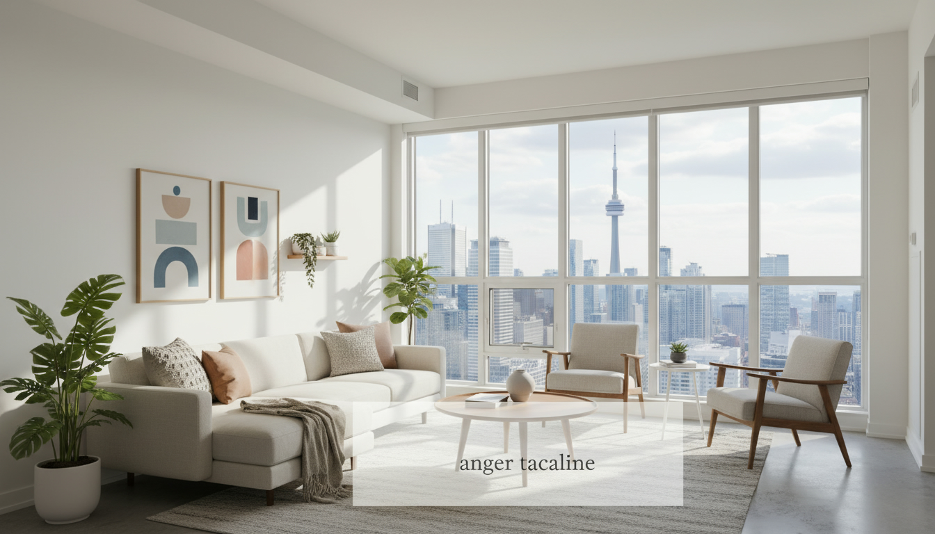 Bright modern staged condo living room with neutral decor and Toronto skyline visible through window