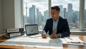 Real estate expert reviewing property zoning maps and documents at desk with city skyline.