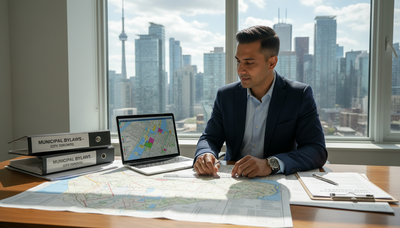 Real estate expert reviewing property zoning maps and documents at desk with city skyline.