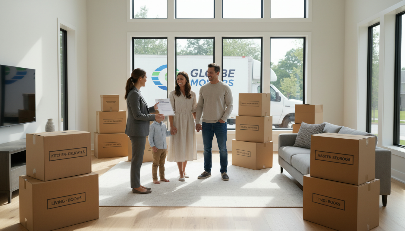 Calm family with labeled moving boxes and realtor handing a moving checklist