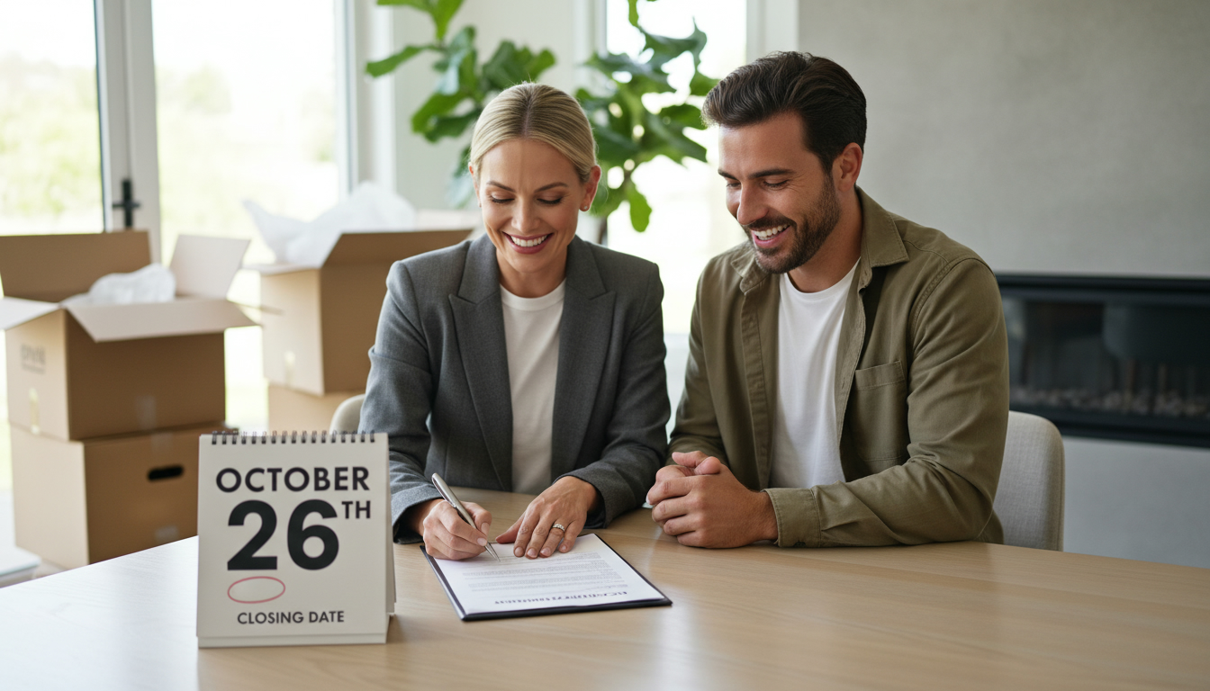Real estate agent and couple reviewing occupancy agreement in home with moving boxes and marked calendar