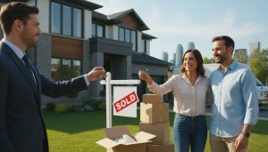 Realtor handing house keys to new homeowners next to moving boxes in front of their new house