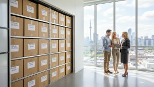 Couple consulting realtor beside organized storage unit with labeled boxes
