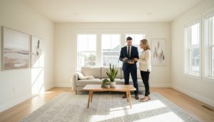 Staged living room with minimal family photos and a realtor advising homeowner