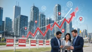 City skyline with for sale signs, arrows indicating high demand and low inventory