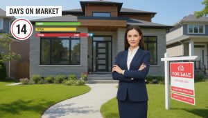 Real estate agent in front of house with 'Days on Market' counter and chart