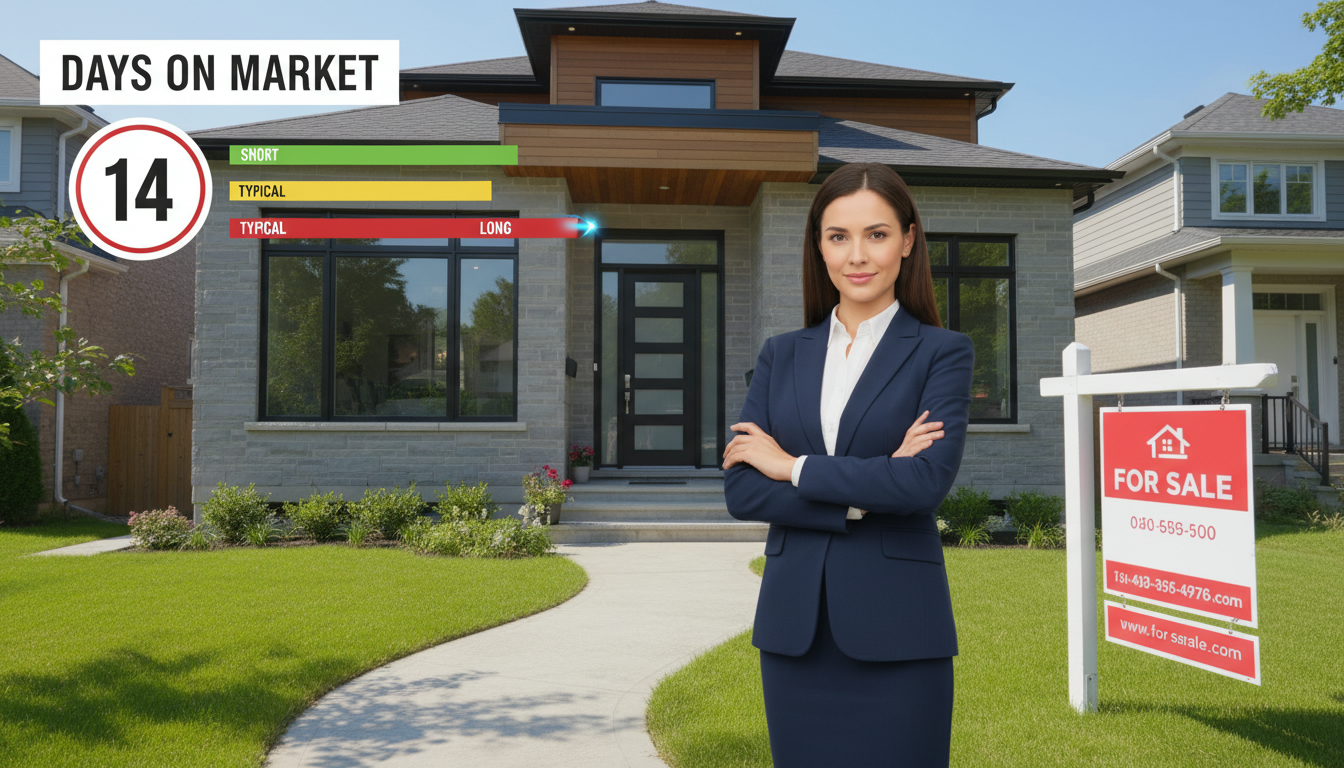 Real estate agent in front of house with 'Days on Market' counter and chart