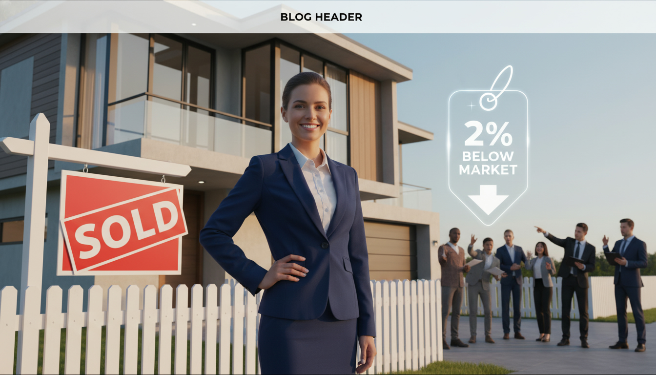 Real estate agent beside sold sign and graphic showing price below market with eager buyers