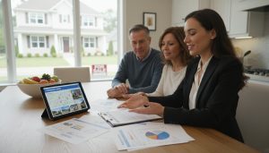 Real estate agent reviewing appraisal report with homeowners and comparable sales on tablet