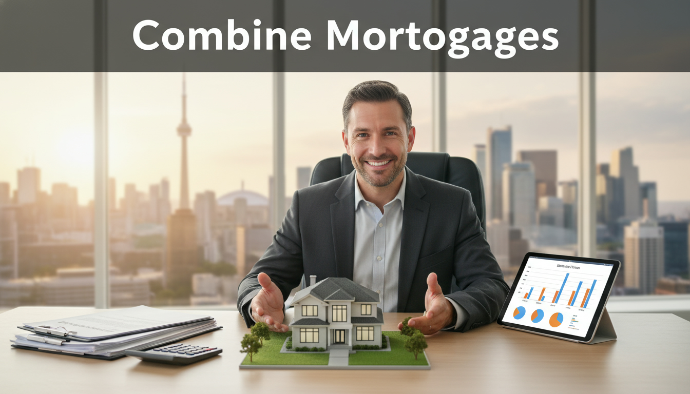 Real estate agent with mortgage documents, calculator and house model representing combining multiple mortgages into one.