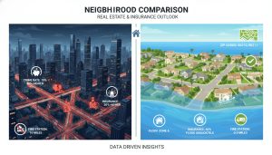 Map-style infographic showing differences in insurance premiums between urban and suburban neighborhoods with flood zones and risk icons.