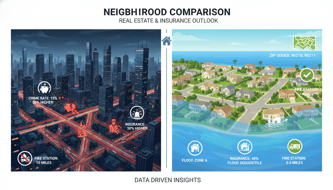 Map-style infographic showing differences in insurance premiums between urban and suburban neighborhoods with flood zones and risk icons.