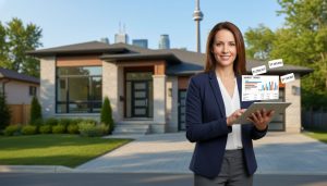 Real estate agent holding a tablet with market charts in front of a modern home illustrating pricing strategy.