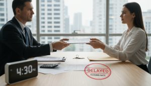 Seller and buyer signing closing documents with 'DELAYED' stamp, clock and invoices visible