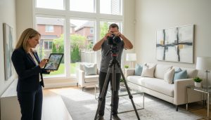 Realtor reviewing professional real estate photos on a tablet while photographer shoots a staged living room