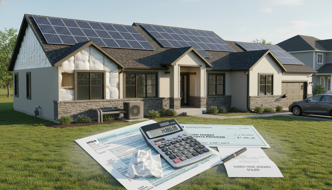 Modern house with solar panels, new windows, insulation cutaway, and tax forms showing rebates and savings.