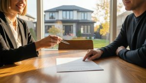Realtor and homeowner signing an exclusive real estate agreement at a kitchen table with a modern house visible outside.