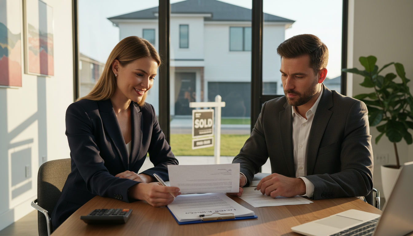 Realtor and lawyer reviewing real estate documents in a modern office with a sold house visible through the window.